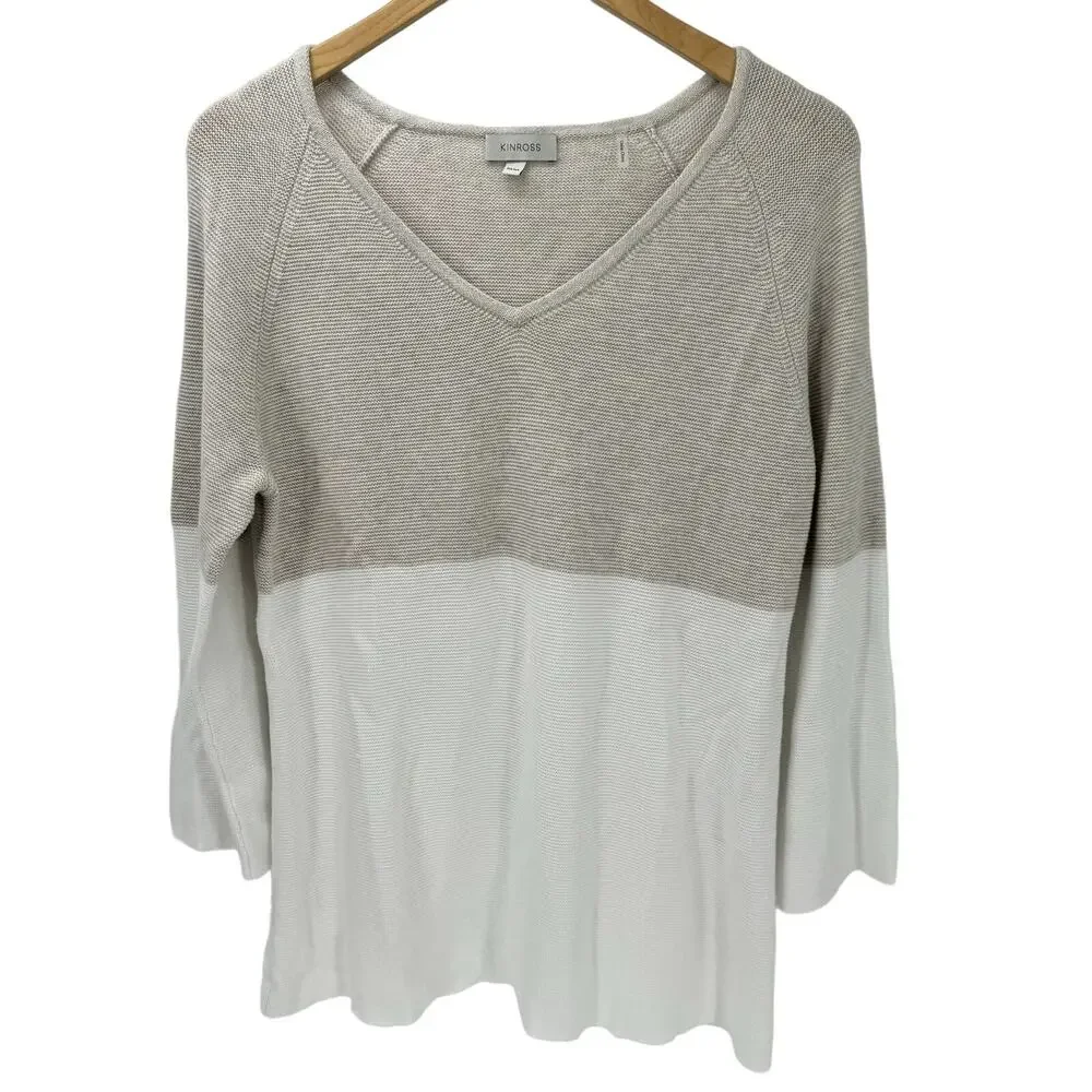Kinross Sweater‎ Womens Medium Cotton V-Neck Neutral Beige Cream 3/4 Sleeve Knit